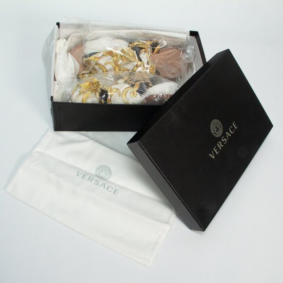 NIB Versace Medusa Ankle Wrap Silk Sash Barocco Sandals Flats Black & Gold, 37 - Picture 16 of 16